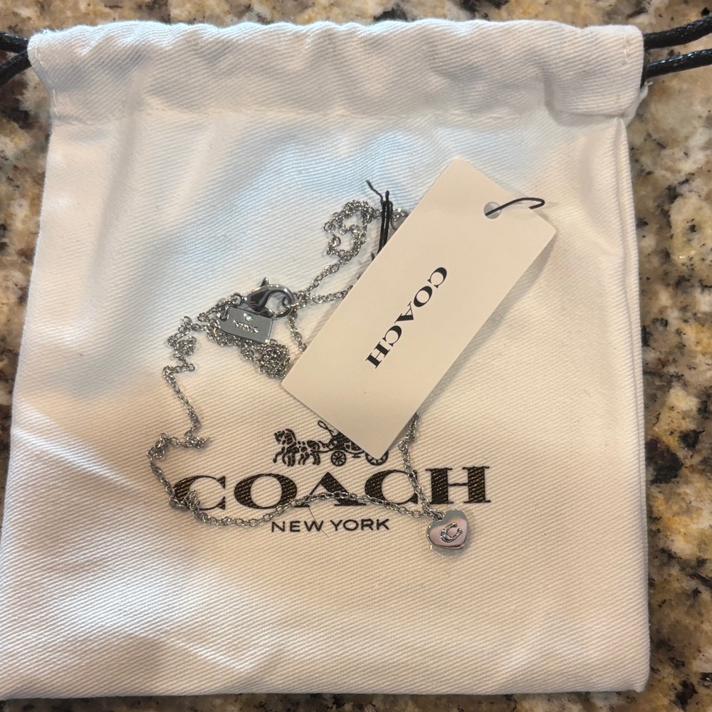 Coach Silver Heart Charm Necklace with Logo Tag